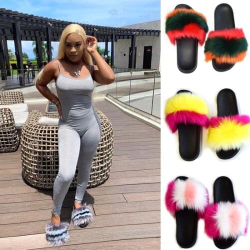 Summer Womens Fluffy Colorful Fox Fur Slippers Home Cute Furry Shoes Indoor Flat Plush Flip Flops Ladies Outdoor Beach Slides