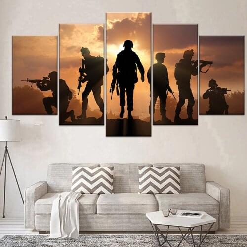 Modern Canvas Pictures HD Printed Wall Art Frame 5 Pieces Army Soldier Sunset Landscape Living Room Home Decor Paintings Posters