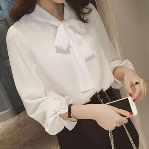 WERUERUYU French Style 2020 Spring New Blouse Sweet Ribbon Bandage Bow Collar Design Shirt Cute Puff Sleeve Loose White