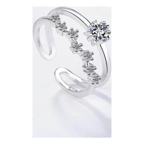 Fresh Double-Layer Zircon Star Wave Open Sterling Silver Temperament Personality Fashion Female Resizable Opening Rings SRI207