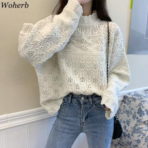 Woherb Vintage Sweaters Women Half Turtleneck Loose Hollow Out Pullovers Woman Clothes 2021 Knitted Sueter Mujer Jumper 4e995