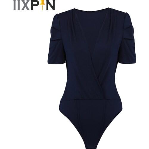 Women Basic Bodysuits Elegant One-piece OL Style Slim Fit Deep V Neck Ruched Short Sleeve Bodysuit Office Ladies Casual Workwear