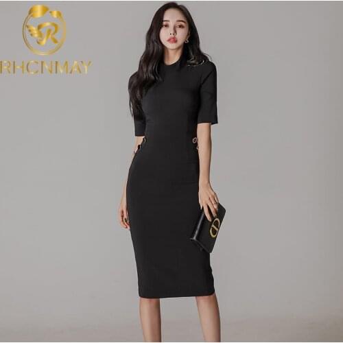 2021 New Fashion Spring Black Half sleeve Crew neck Korea Dress Women Simplicity Buttocks Dress OL Formal Business Vestidos