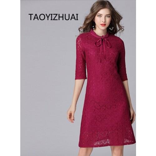 TAOYIZHUAI 2019 New Arrival Spring Vintage Style Half Sleeves Bow Lace up Plus Size Solid Purple Stand Collar Women Dress 16131