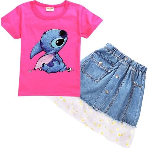 Stitch Fashion Casual Summer Hot Sale Boys and Girls Childrens Short Sleeve Cartoon T-shirt Top + dress 2pcs Set