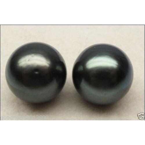 AAA+ PAIR OF ROUND 10-11MM GENUINE TAHITIAN BLACK PEARL HALF HOLE EARRING 14K/20