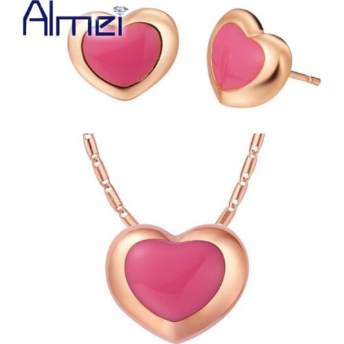 Almei 2016 Heart Rose Gold Color White Enamel Jewelry Set Pink Earring Necklace children Accessorie Parure Bijoux Mariage T439