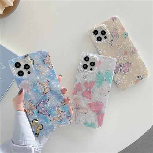 Square Butterfly Flower Phone Case For iPhone 11 12 Pro Max XS Max XR X 8 7 Plus SE2020 Shell Texture Shockproof Back Cover