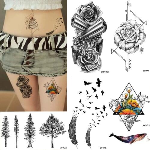 Black Tree Flowers Rose Birds Pistol Whale Temporary Tattoo Women Waterproof Fake Tatoos Black Body Art Drawing Tattoo Stickers