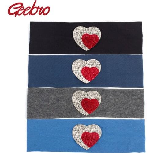 Geebro Womens Plain Stretch Headbands Fashion Double Heart Rhinestones Elastic Flat Headband For Girls Hair Band Turban Wrap