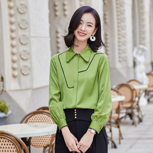 IZICFLY New Autumn Green Yellow Ladies Tops Fashion Korean Shirt Slim Casual Office Elegant Blouse Plus Size Women Clothing Work