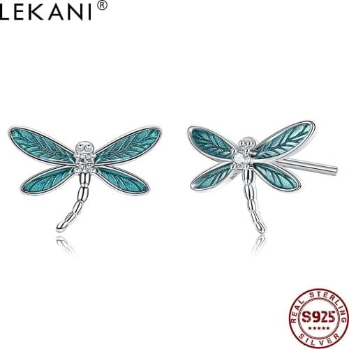 LEKANI Little Dragonfly Stud Earrings 925 Sterling Silver Shining Zircons Animal Earrings For Women Statement Silver Jewelry