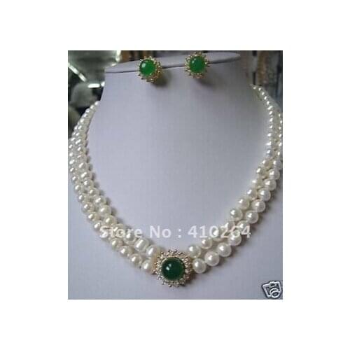 Hot sell Noblest white real Pearl necklace green Natural earring set jewelry set