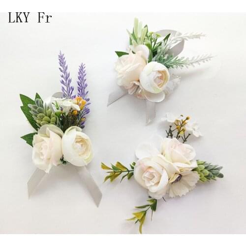 LKY Fr Pink Wrist Corsage Bridesmaid Bracelet Wedding Boutonniere Pins Roses Silk Flowers Bride Sisters Prom Accessoires Mariage