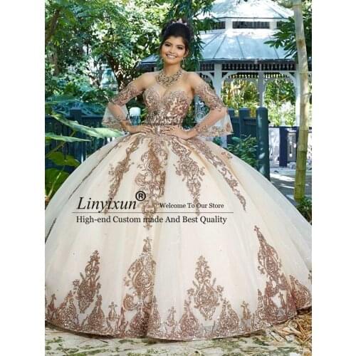 Sweet 16 Pink Princess Quinceanera Dresses Long Sleeves Tulle Formal Pageant Ball Gown for Girls Vestidos De Anos robe ivoire