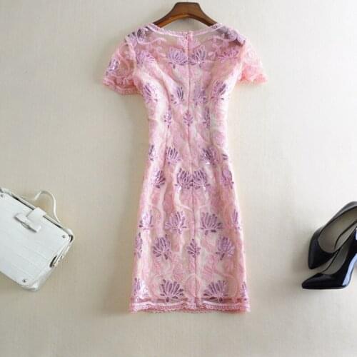 Sweety Women Summer 2021 High Quality Designer Flower Embroidery Sequined Party Holiday XXL Pink Blue Dress