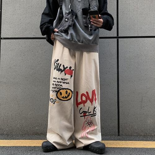 Korean Fashion Denim Trousers Street Hip-Hop Harajuku Graffiti Tooling Wide-Leg Pants Casual Loose Long Pants For Men And Women