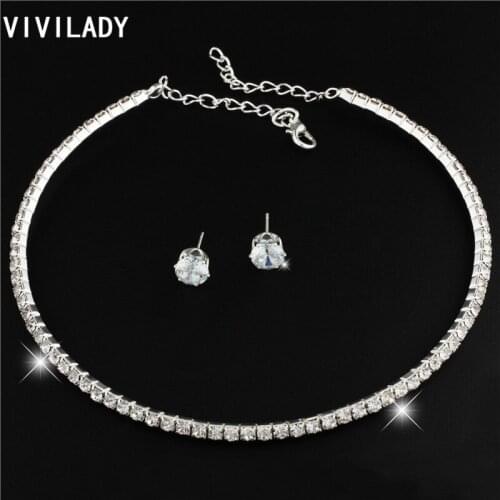 VIVILADY Trendy Chic Handcraft Chokers Bridal Jewelry Sets Women Silver Color Rhinestone Torques Bijoux Accessories Lady Gifts