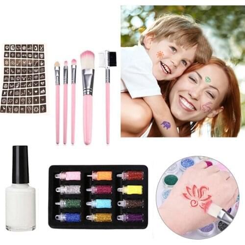 New Flash Temporary Tattoo Set With 12 Glitter Powder Hollow 1 Tattoo Template 1 Glue 5 Brushes For Children Teenagers Adults