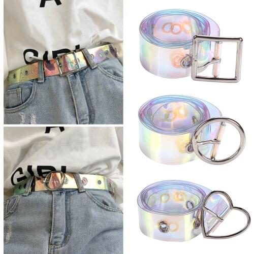 New Laser Women girls Belt for pants jeans Holographic Clear Waist Belt Metal Pin Buckle Transparent Waist Belts