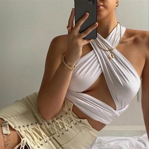 Solid Halter Crop Tops Women Bandage Hole Sexy Backless Tanks Sleeveless Wrap Vest Skinny Clubwear Summer Tops Woman Clothes