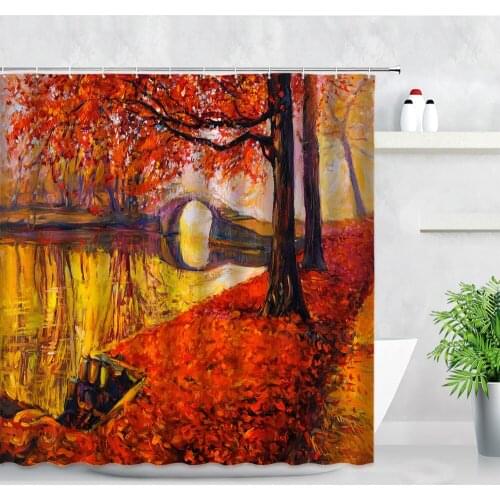 Autumn Landscape Oil Painting Shower Curtain Red Maple Trees Arch Bridge Water Natural Scenery Art Bathroom Decor Bath Curtains