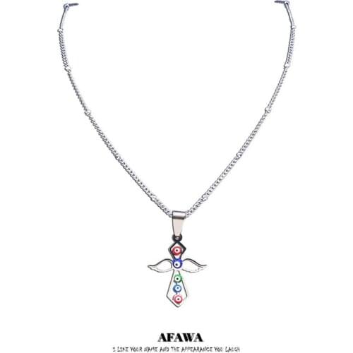 Stainless Steel Colorful Turkey Eyes Cross Wings Pendant Necklace Women Silver Color Islam Necklaces Jewelry oeil turc N5235S03