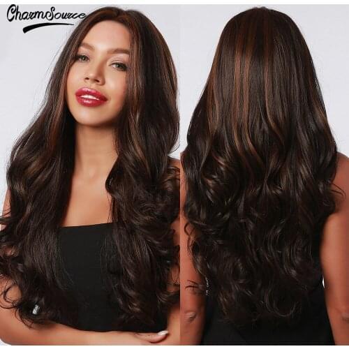 CharmSource Long Wavy Lace Part Synthetic Wigs Blend Black and Brown for Women Daily Hair High Density Heat Resistant Wig