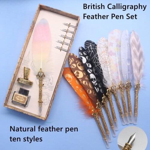 Natural retro Halloween feather dipped in water steel pen set writing ink luxury gift box can be customized LOGO Christmas gift