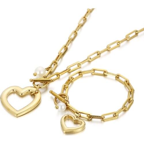 Simple Stainless Steel Thick Chain Heart-shaped Bracelet Necklace Set Square Chain Buckle Jewelry