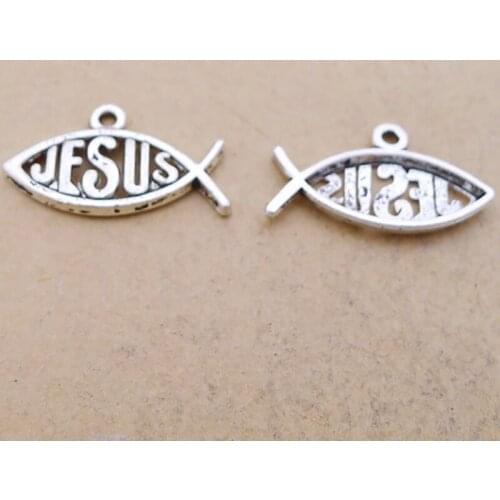 RAINXTAR Alloy Fish Charms Jesus Letter Religious Charms 13*23mm 20pcs AAC081