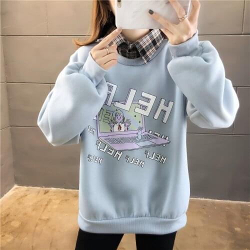 Zoki Light Blue Sweatshirt Women Print Letter Pattern O Neck Sweatshirt Streetwear Female Clothes Korean Autumn Hot Fashion New