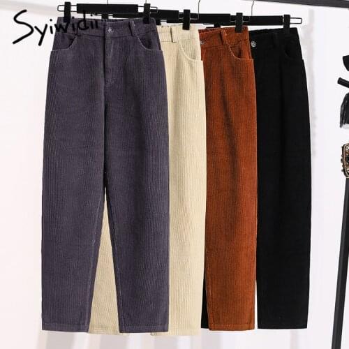 Syiwidii Corduroy Winter Warm Harem Pants for Women Elastic Waist Harajuku Clothes Joggers Sweatpants Streetwear Work Brown 2021