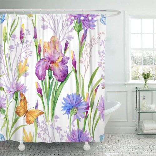 Blue Animals for Floral Iris Flowers Bluebells Cornflowers Butterflies Watercolor Green Beautiful Botany Shower Curtain