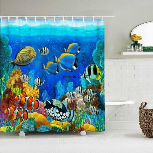 Cartoon Underwater World Fish 3d Shower Curtains Ocean Dolphin Sea Scenery Fabric Waterproof Bath Curtain Bathroom Decor Screen