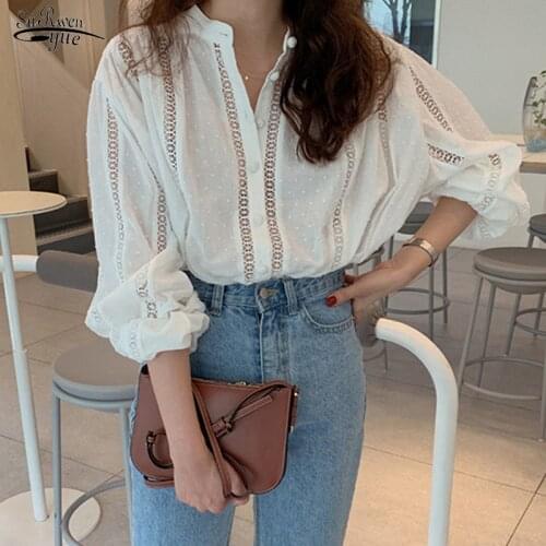 2021 Puff Sleeve Dot Ladies Shirts Office Button Up White Women Blouse and Top Korean Fashion Women Clothing Chemise Femme 15400