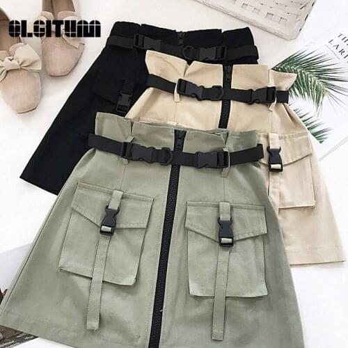 Streetwear A-line Zipper Women Mini Cargo Skirts Solid Bodycon Skirt with Belt 2020 Summer Sexy Half-length Skirt Female