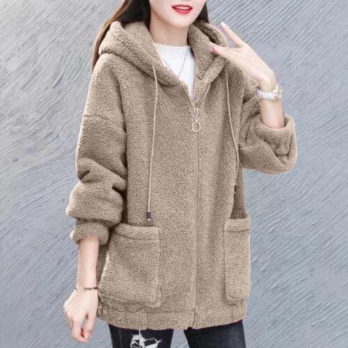 Ladies Zipper Cardigan Hoodie Plush Thick Warm Faux Lamb Wool Coat Women Autumn Winter 2021 Plus Size Loose Hooded Outerwear