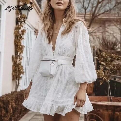 LZEQuella Women White Cotton Embroidery Lantern Sleeve Mini Dress Vintage V Neck Sashes Belt Ruffles Party Dresses Vestidos