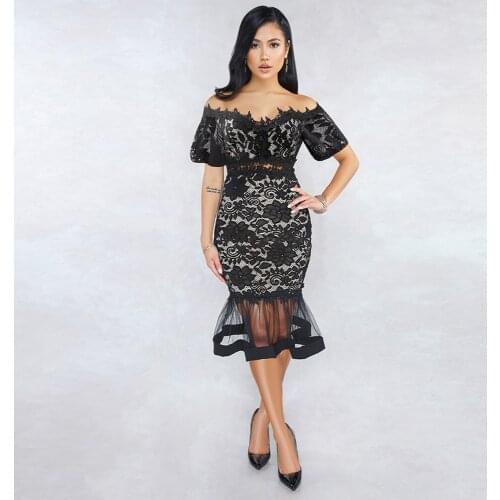 Black White Lace Patchwork Mermaid Dress for Women Off The Shoulder Short Sleeve Formal Dresses Elegant See Through Slim Dress