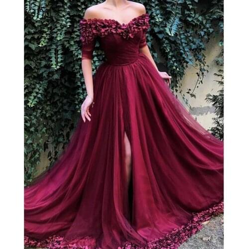 Elegant Maroon Off the Shoulder Prom Dresses Half Sleeves Side Split Appliques A Line Formal Evening Dress robe de soiree