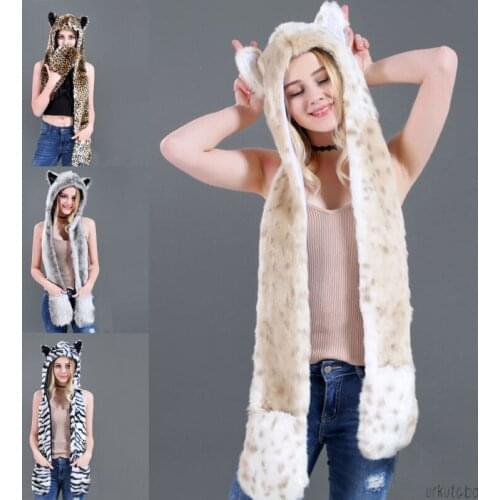 Winter Warm Animal Fur Hat Scarf Fluffy Plush Cap Ear Hood Shawl Glove Fluffy Hooded Cap Earmuff Hat 2020 New Trendy