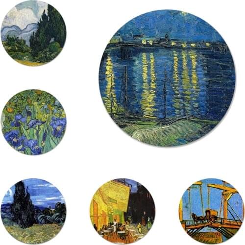 Van Gogh Starry Night Sunflower Oil Painting Cat Icons Pins Badge Decoration Brooches Metal Badges For Backpack Decoration