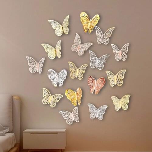 12Pcs/set 4.5-12cm Gold Silver Realistic Wall Stickers Butterfly Childrens Room Sticker Wedding Party Home Decoration Supplies