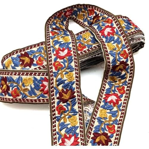 1yards Flowers Ethnic Embroidered Lace Trim Jacquard Ribbon for Garment Accessories DIY Craft Making Flower Sewing