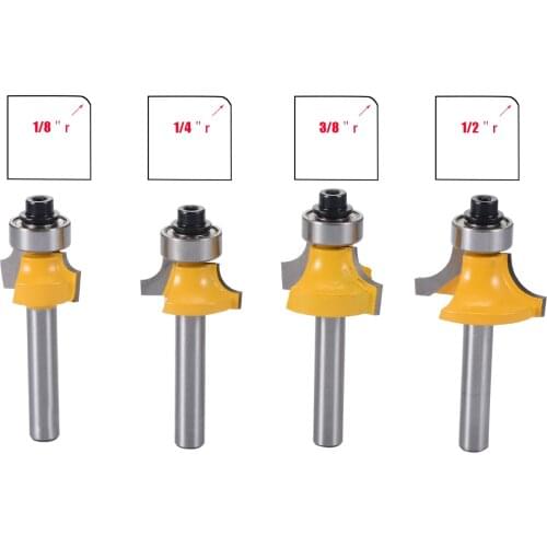 4pcs/set Round Over Router Bit Set 1/4" Shank Router Woodworking Milling Cutter Bits 1/2" 3/8" 1/4" 1/8" Radius With Bearing