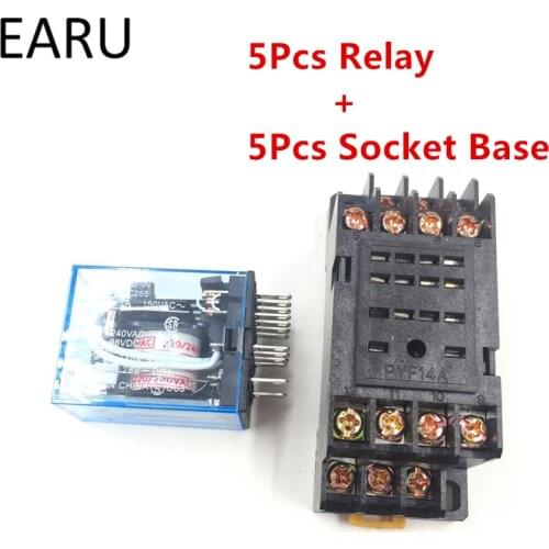 5Sets MY4NJ Electronic Micro Mini Electromagnetic Relay 5A 14PIN Coil 4DPDT With PYF14A Socket Base DC 12V 24V AC 110V 220V LED