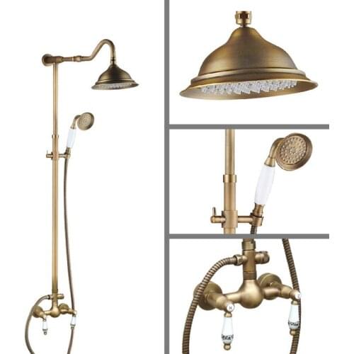 Antique Brass Wall Mounted Bathroom Rain Shower Faucet Shower Head Set Mixer Tap Dual Ceramic Handles Levers man506