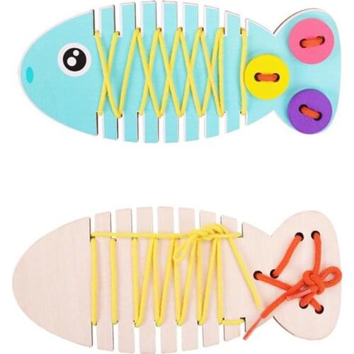Kids Cartoon Fish Button Thread Doll Girl Faux Hair Braid Practicing Board Game Wooden Hand Eye Coordination Education Toy