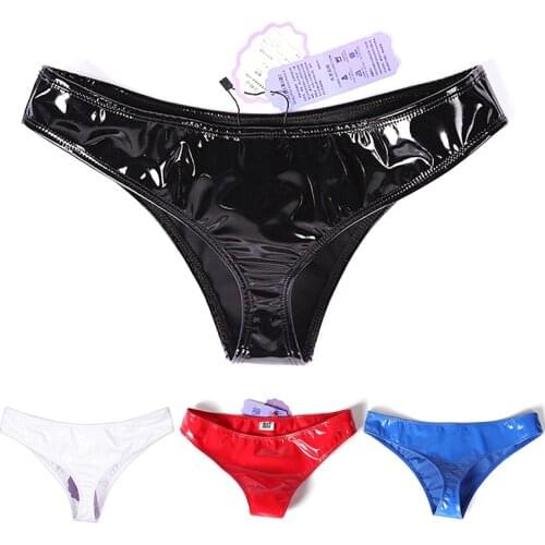 Men Women Sexy Latex Leather Shiny Wet Look Panties Low Waist Sexy Bikini Thong Brief Clubwear Glossy Thong